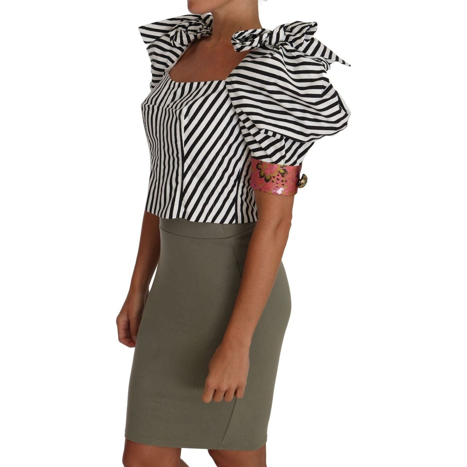 Dolce & Gabbana | White Black Striped Cropped Top Puff Sleeve Shirts | McRichard Designer Brands