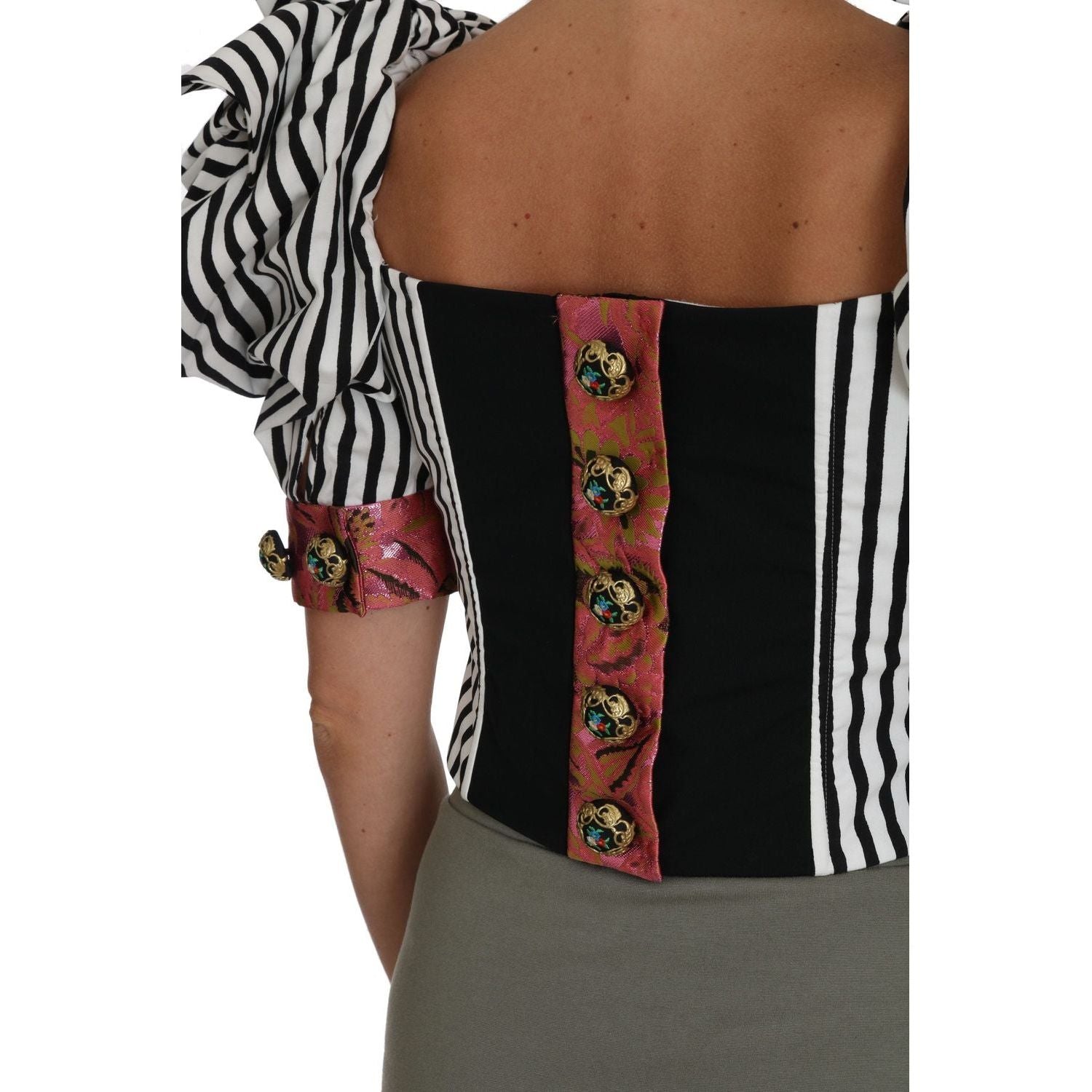 Dolce & Gabbana | White Black Striped Cropped Top Puff Sleeve Shirts | McRichard Designer Brands
