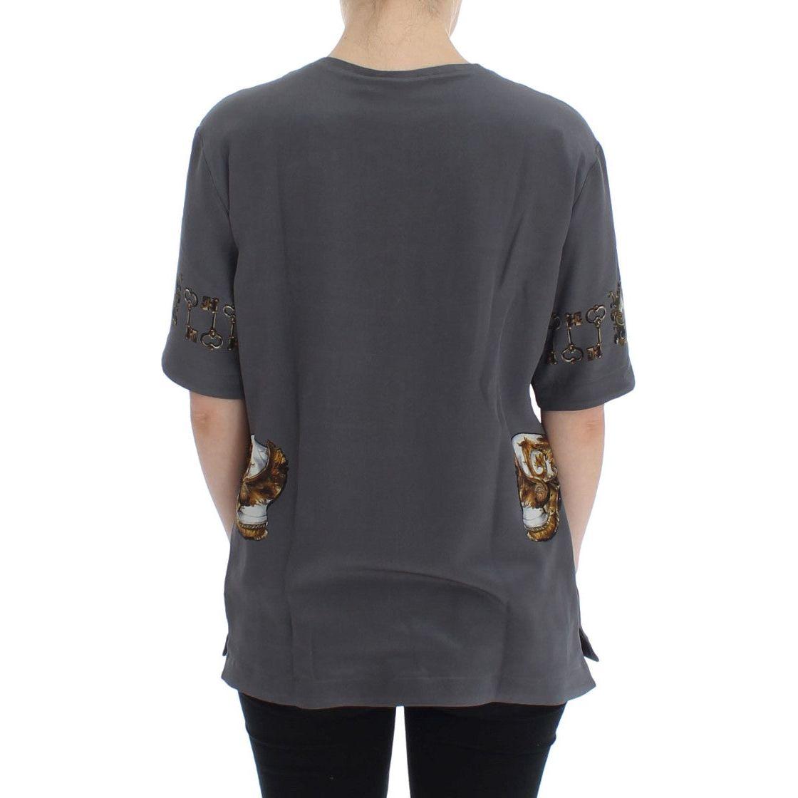 Dolce & Gabbana | Gray Knight Crown Print Silk Blouse Top | McRichard Designer Brands