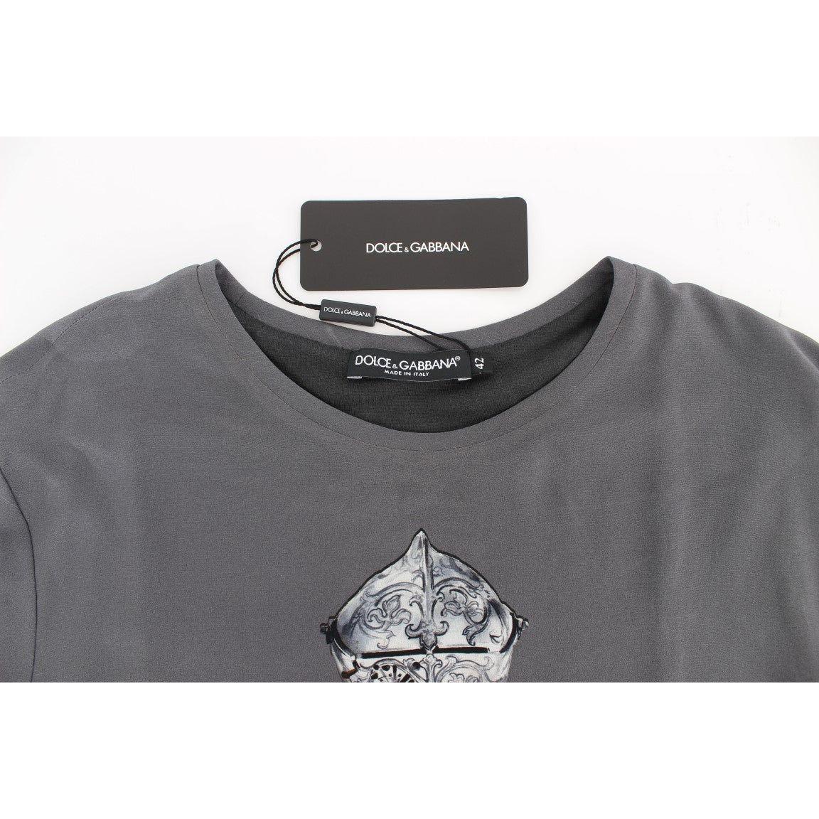 Dolce & Gabbana | Gray Knight Crown Print Silk Blouse Top | McRichard Designer Brands