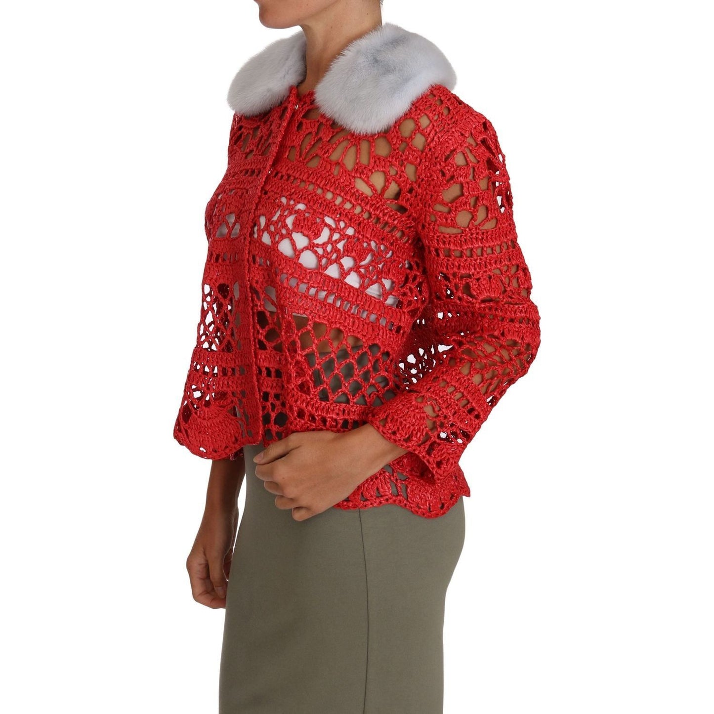 Dolce & Gabbana | Red Cardigan Crochet Knit Raffia Sweater | McRichard Designer Brands