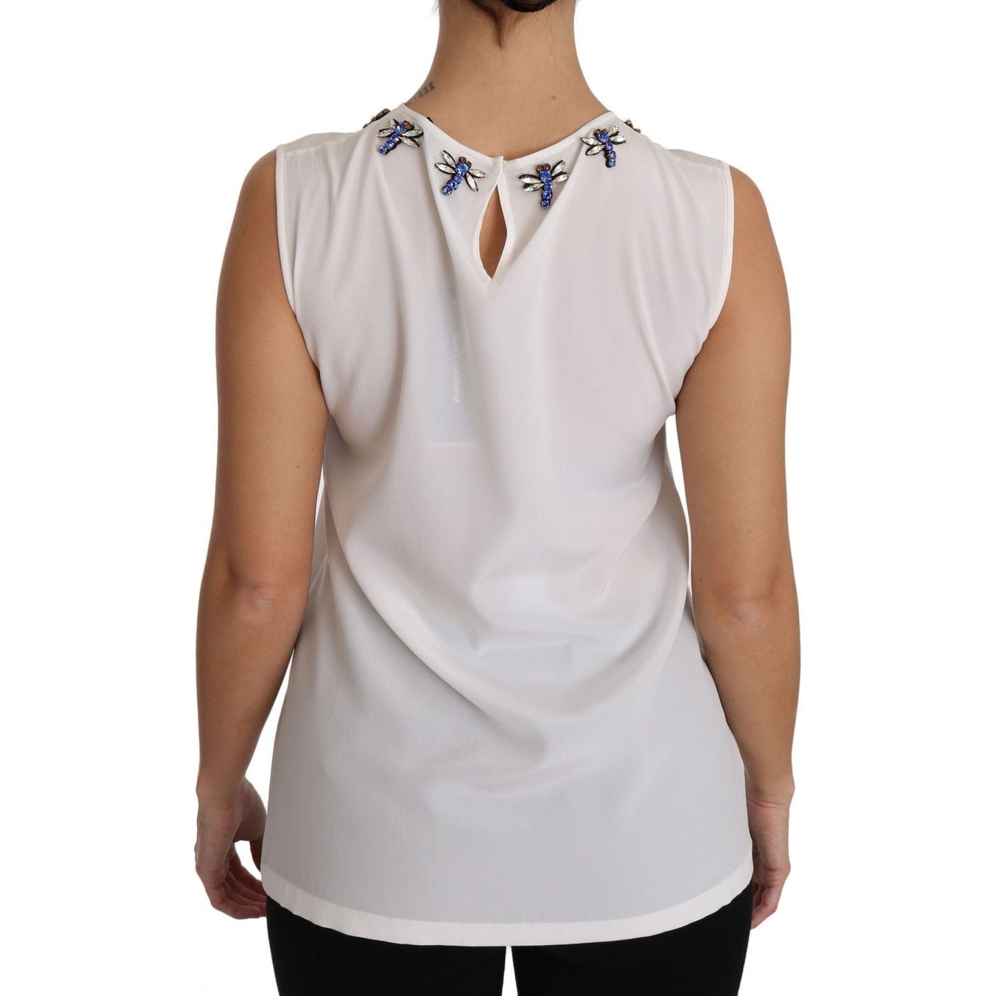 Dolce & Gabbana | White Silk Embellished Crystal Dragonfly Top | McRichard Designer Brands