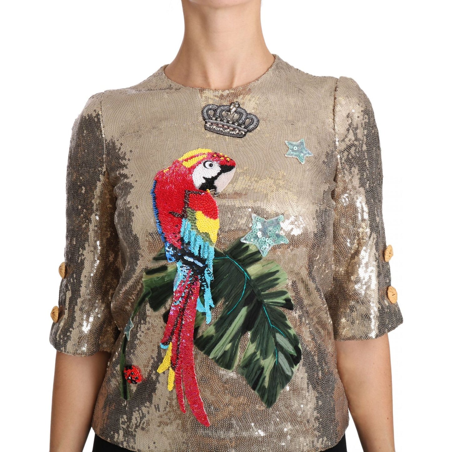 Dolce & Gabbana | Gold Sequined Parrot Crystal Blouse | McRichard Designer Brands
