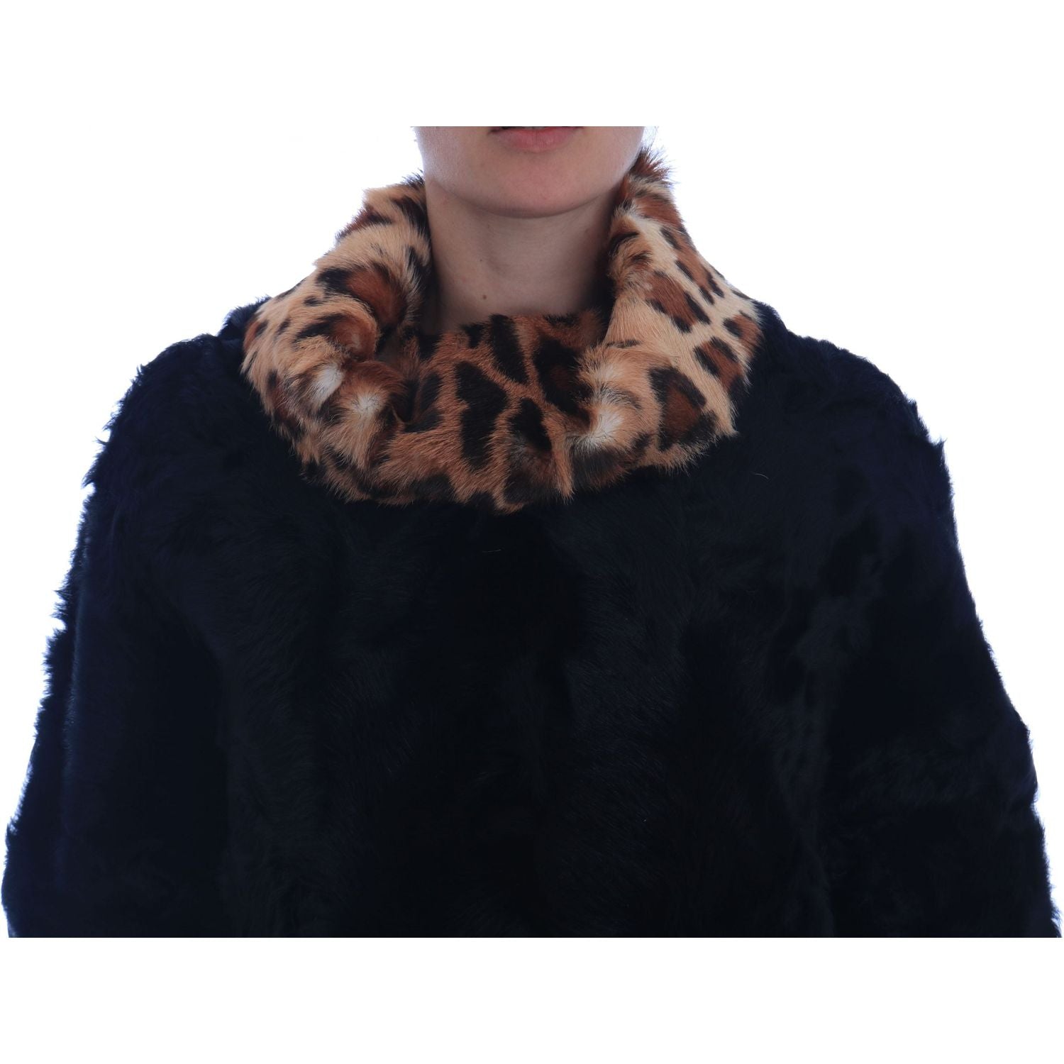 Dolce & Gabbana | Black Lamb Leopard Print Fur Coat Jacket | McRichard Designer Brands