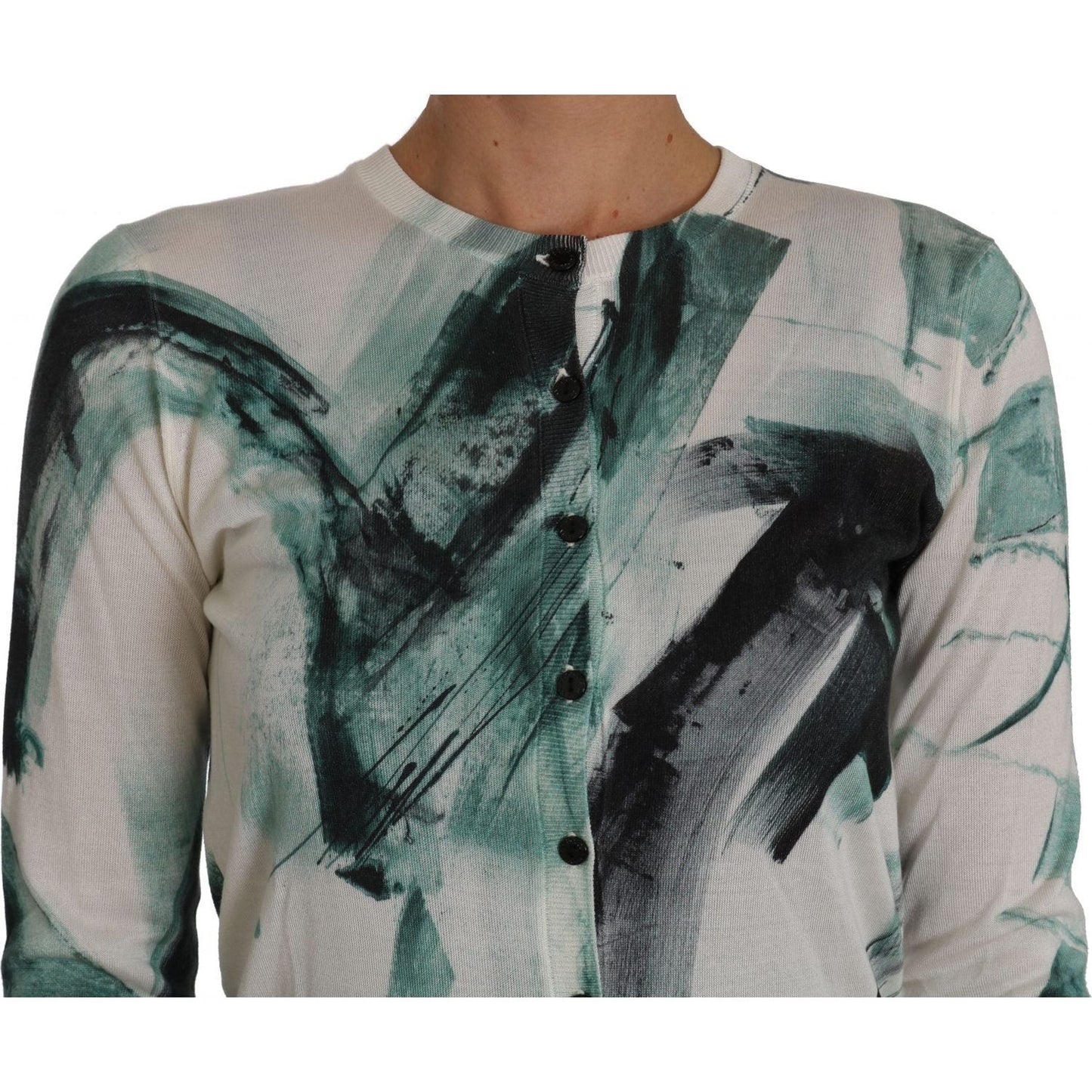 Dolce & Gabbana | White Silk Cardigan Lightweight Paint Stroke Sweater | McRichard Designer Brands