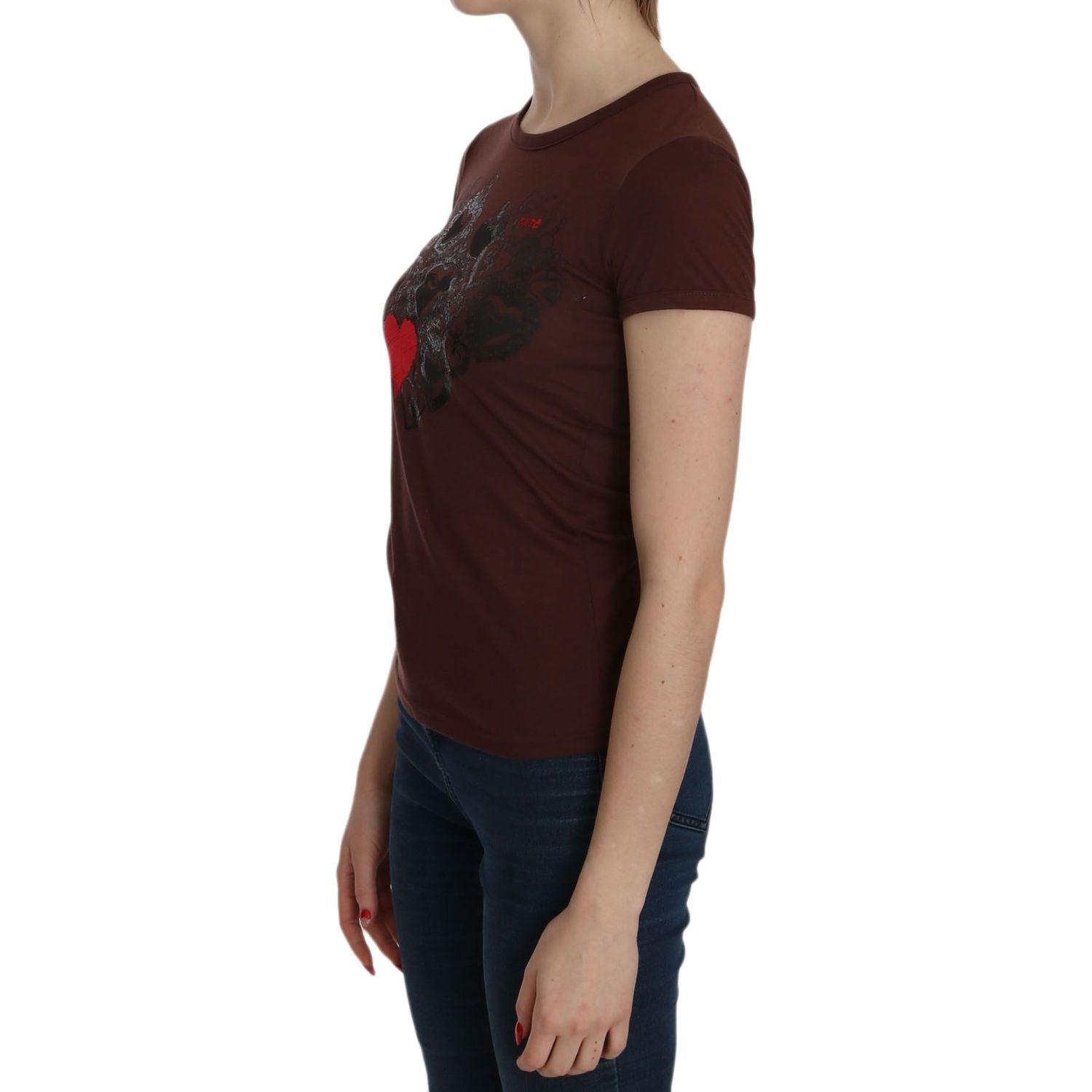 Exte | Brown Heart Print Crew Neck T-shirt Short Sleeve Blouse | McRichard Designer Brands
