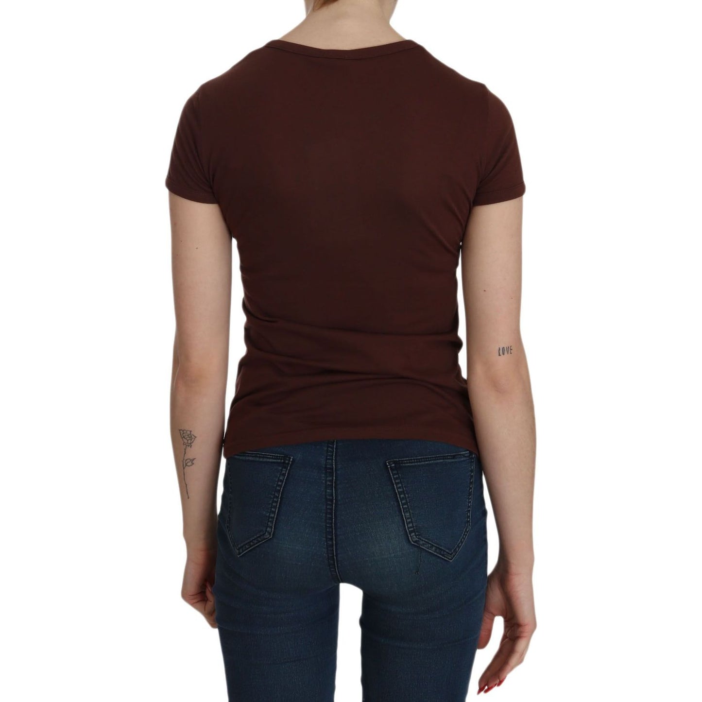 Exte | Brown Heart Print Crew Neck T-shirt Short Sleeve Blouse | McRichard Designer Brands