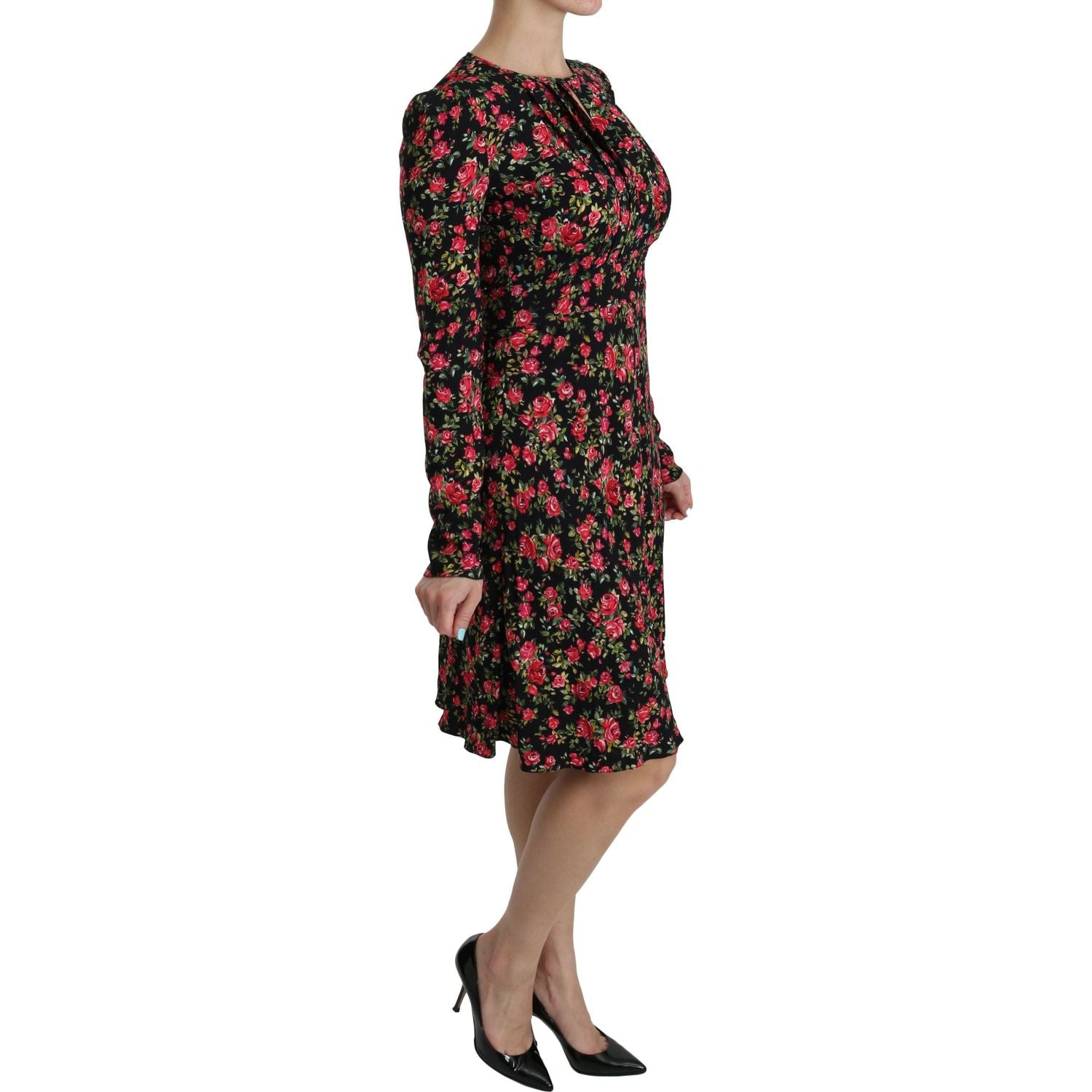Dolce & Gabbana | Black Floral Longsleeve Knee Length Dress | McRichard Designer Brands