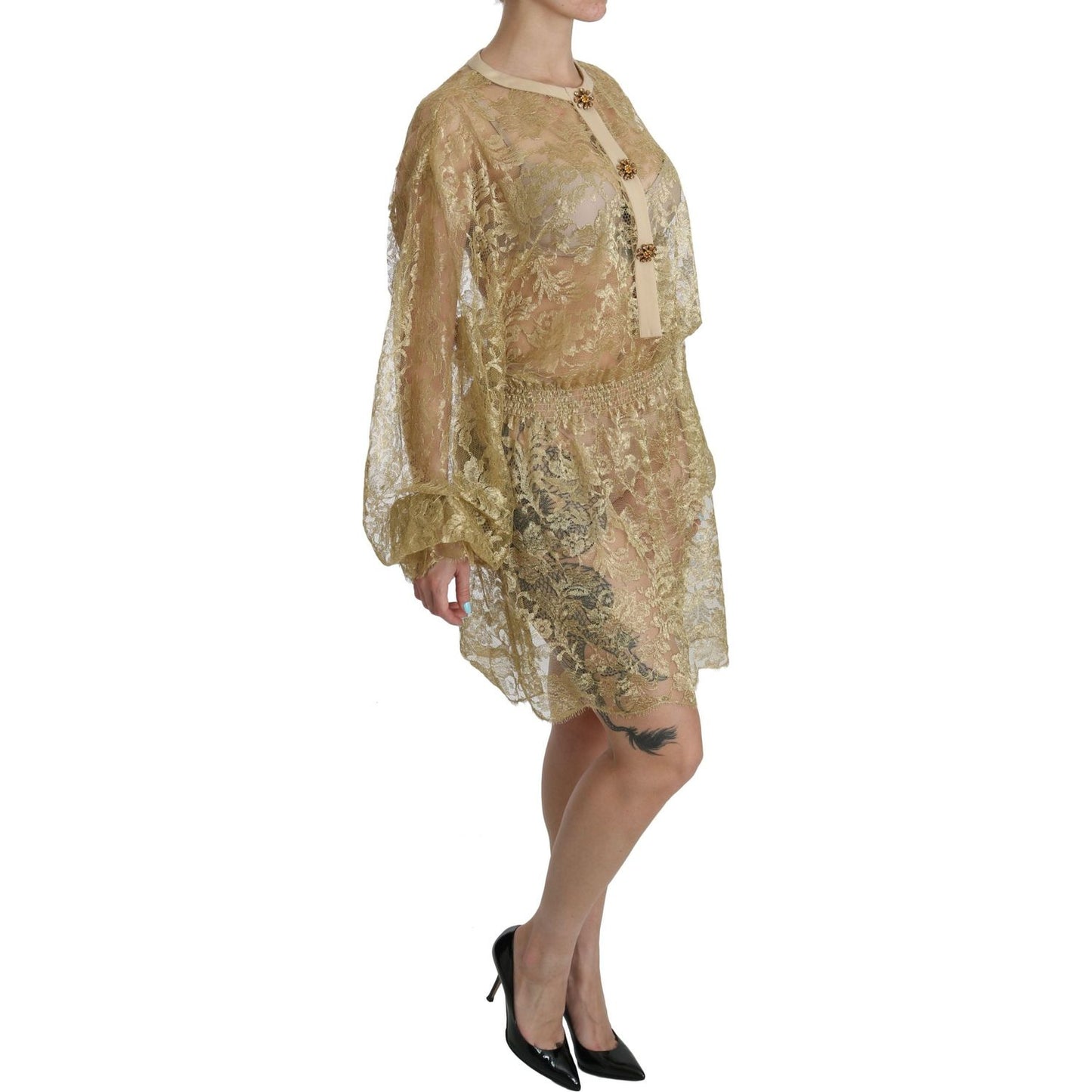 Dolce & Gabbana | Gold Lace See Through A-Line Knee Length Dress | McRichard Designer Brands