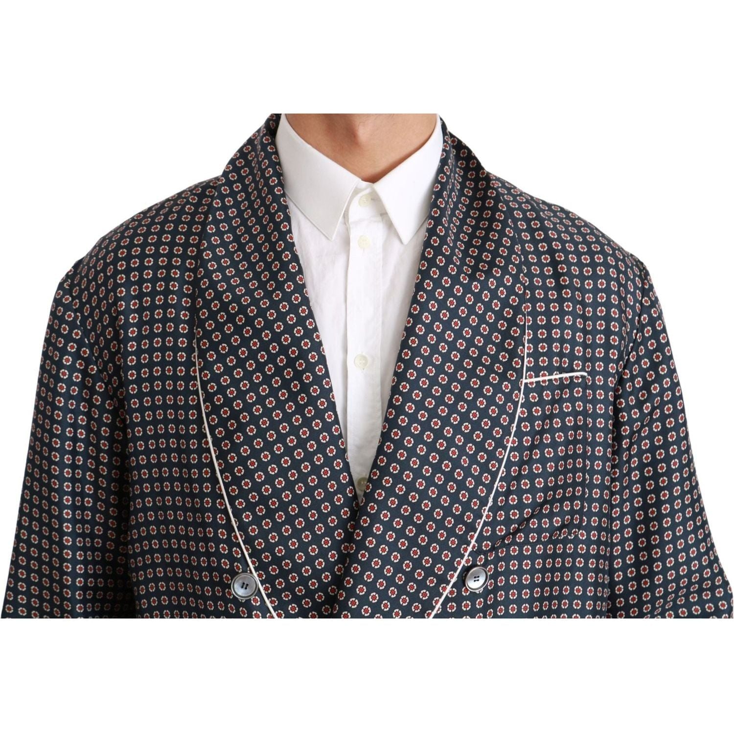 Dolce & Gabbana | Navy Blue Patterned Double Breasted Coat Jacket | McRichard Designer Brands
