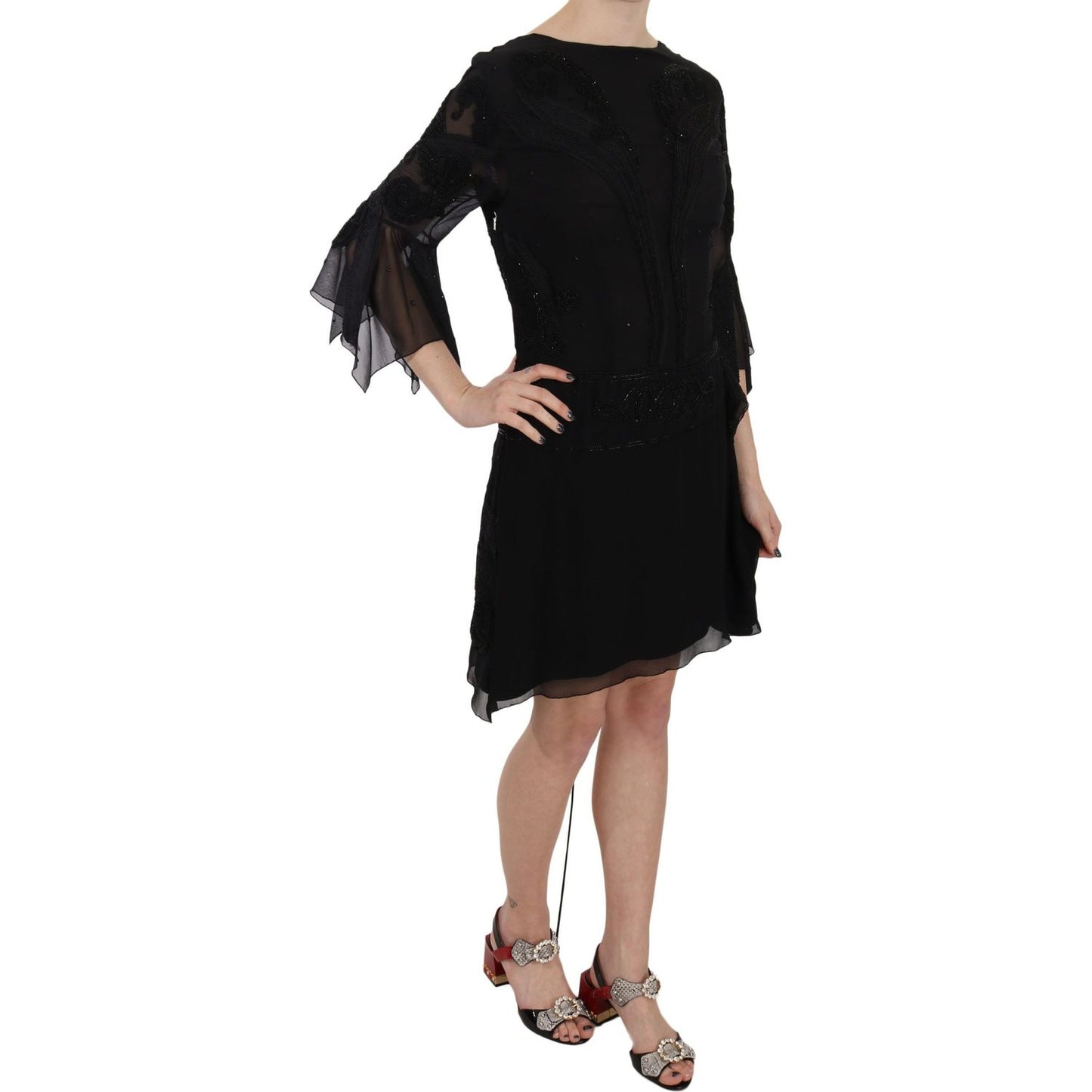 John Richmond | Black Sequined Silk Mini Shift Gown | McRichard Designer Brands