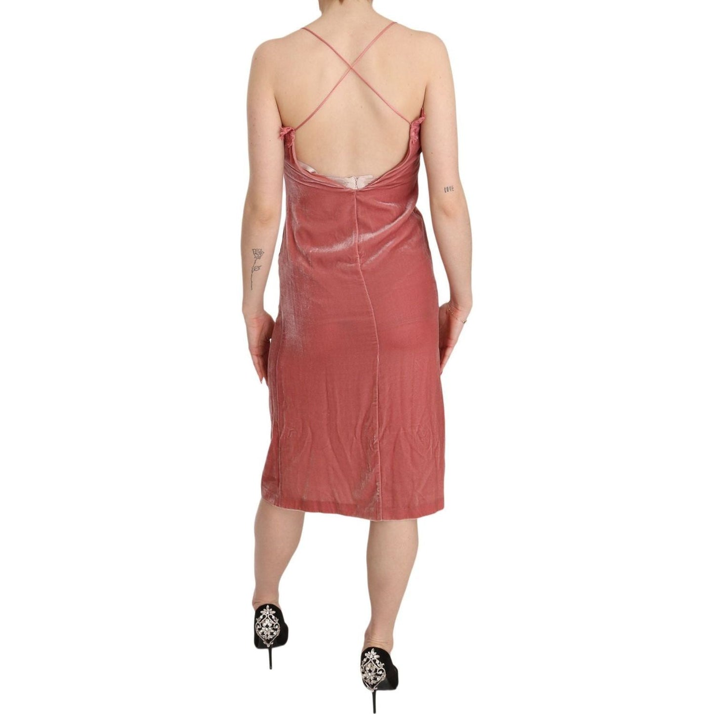 PINKO | Pink Lace Spaghetti Strap Side Slit Shift Midi Dress | McRichard Designer Brands