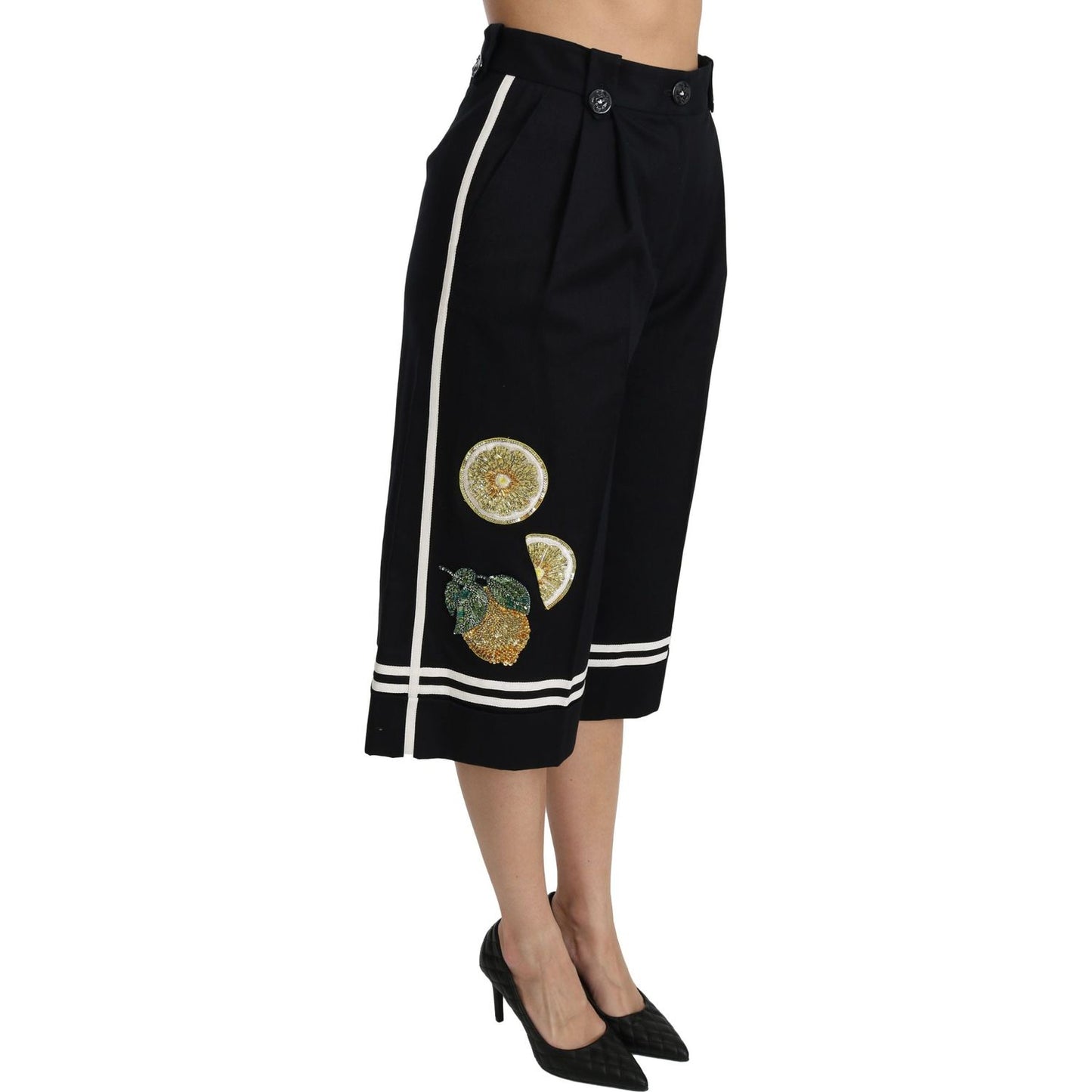 Dolce & Gabbana | Black Lemon Embellished Palazzo Cropped Pants | McRichard Designer Brands
