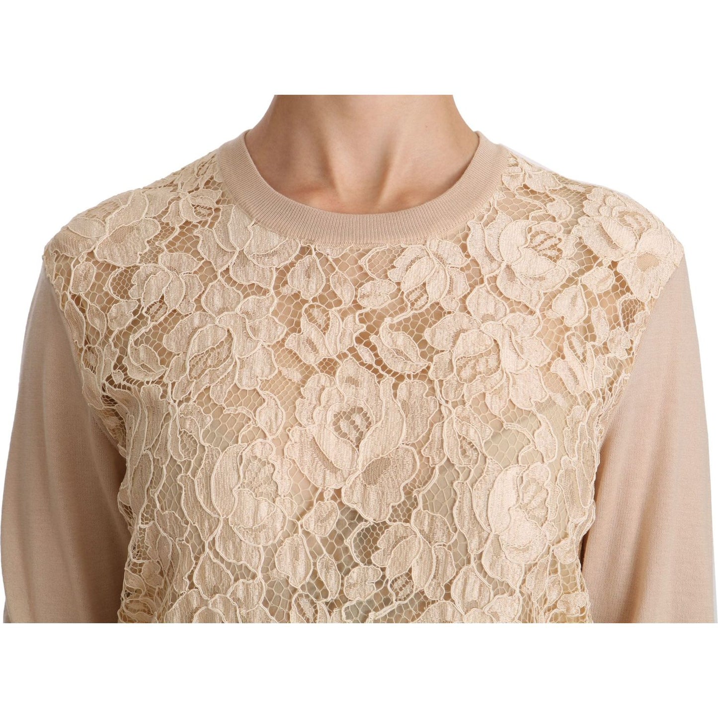 Dolce & Gabbana | Beige Lace Long Sleeve Top Cashmere Blouse | McRichard Designer Brands