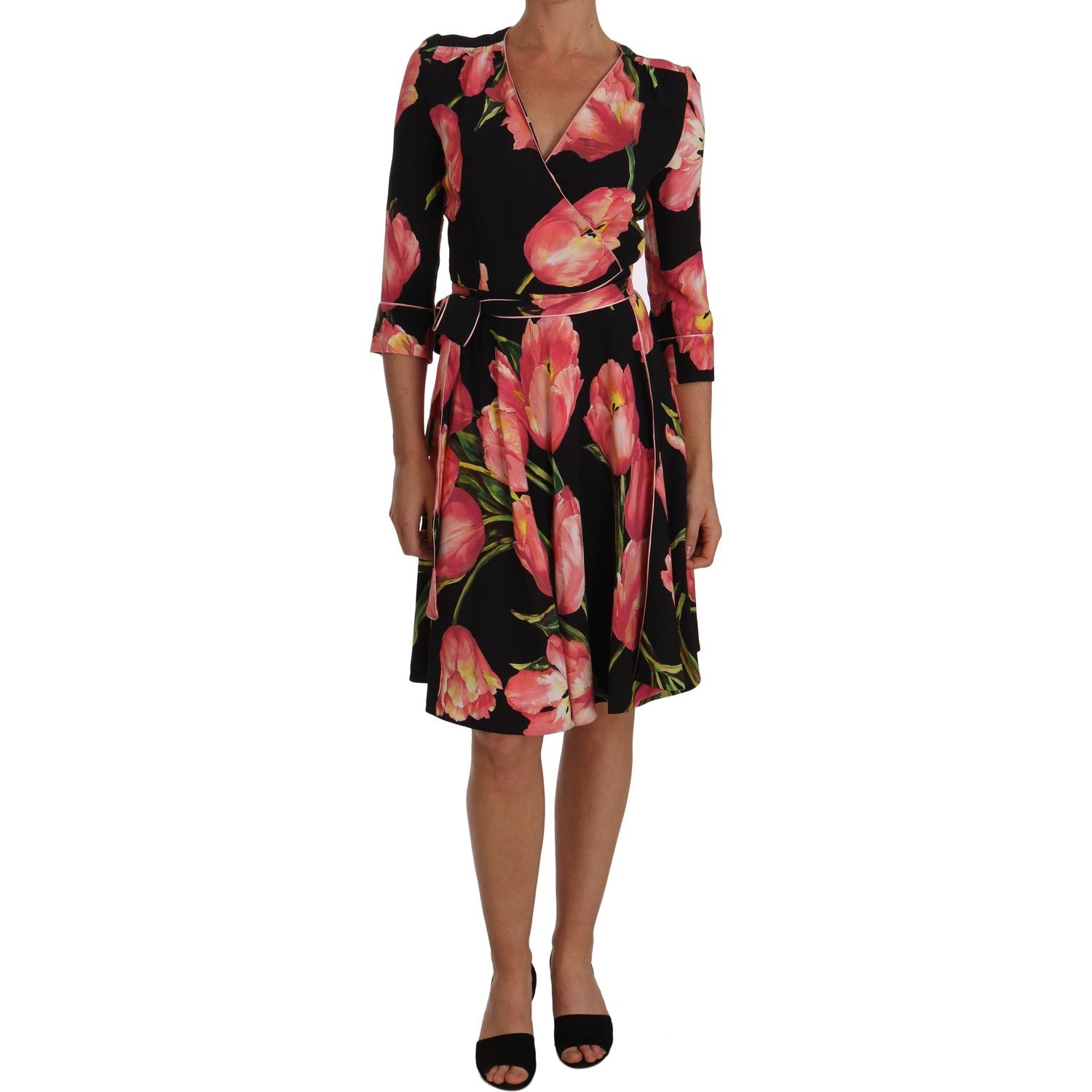 Dolce & Gabbana | Black Pink Tulip Print Stretch Shift Dress | McRichard Designer Brands