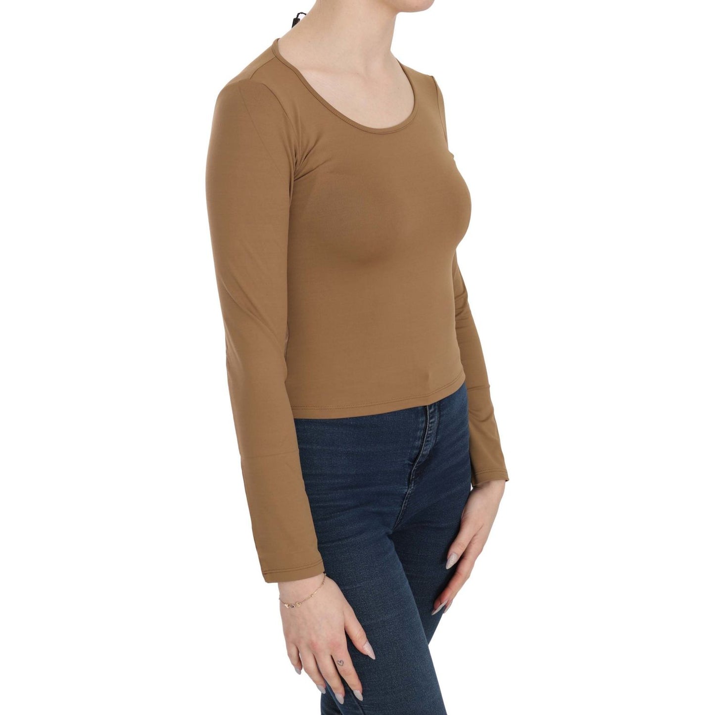 GF Ferre | Brown Long Round Neck Sleeve Fitted Shirt Tops Blouse | McRichard Designer Brands