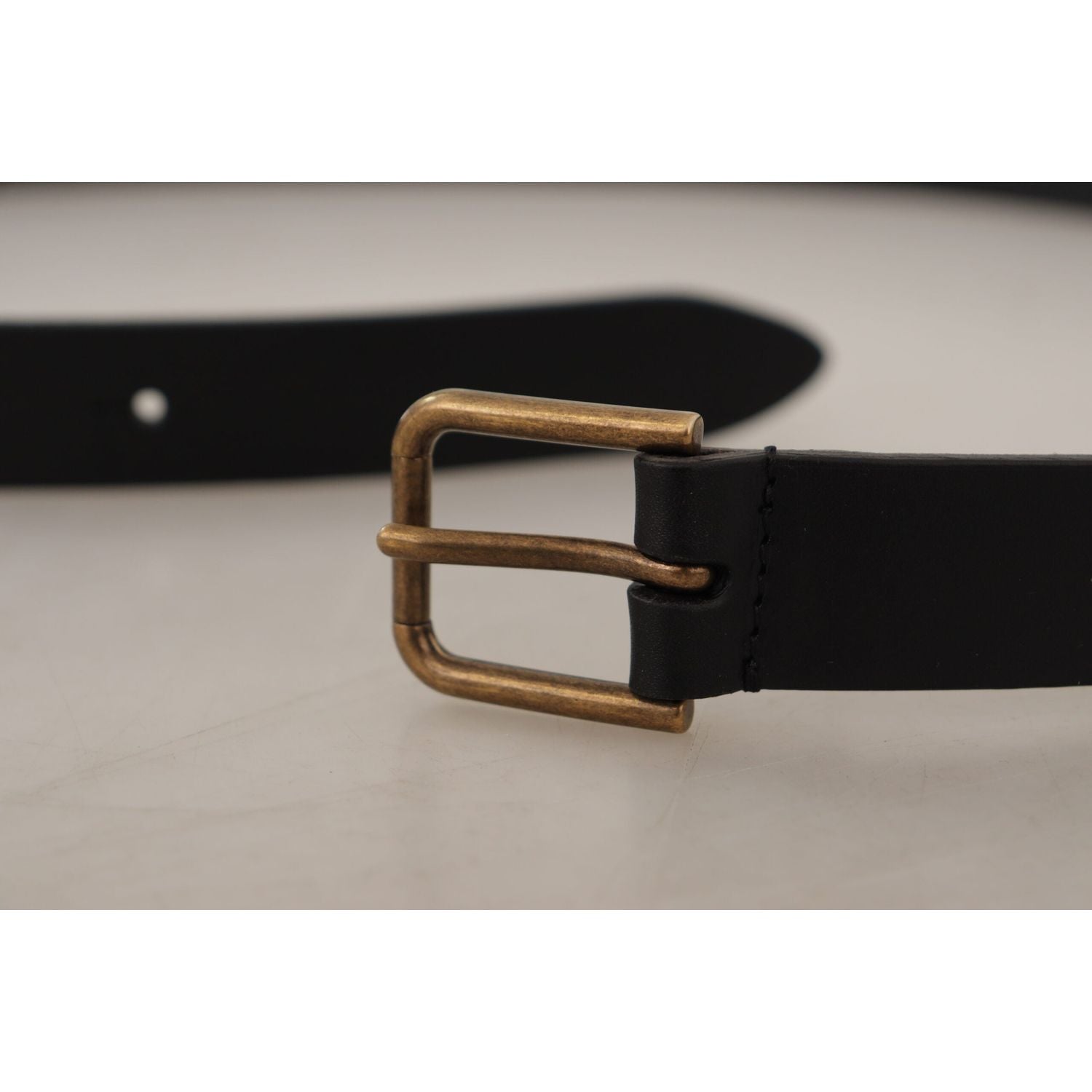 Dolce & Gabbana | Black Calf Leather Brass Logo Engraved Buckle Belt | McRichard Designer Brands