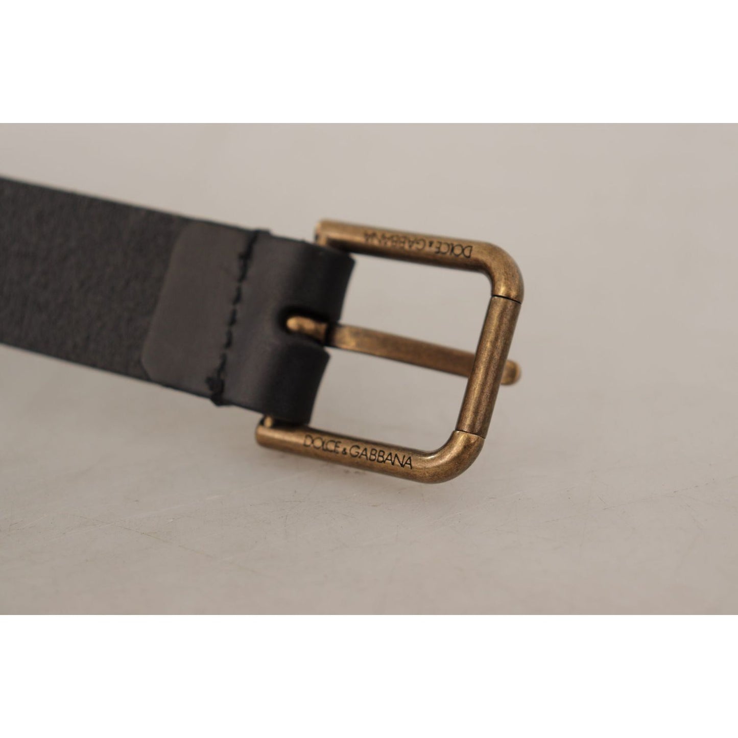 Dolce & Gabbana | Black Calf Leather Brass Logo Engraved Buckle Belt | McRichard Designer Brands