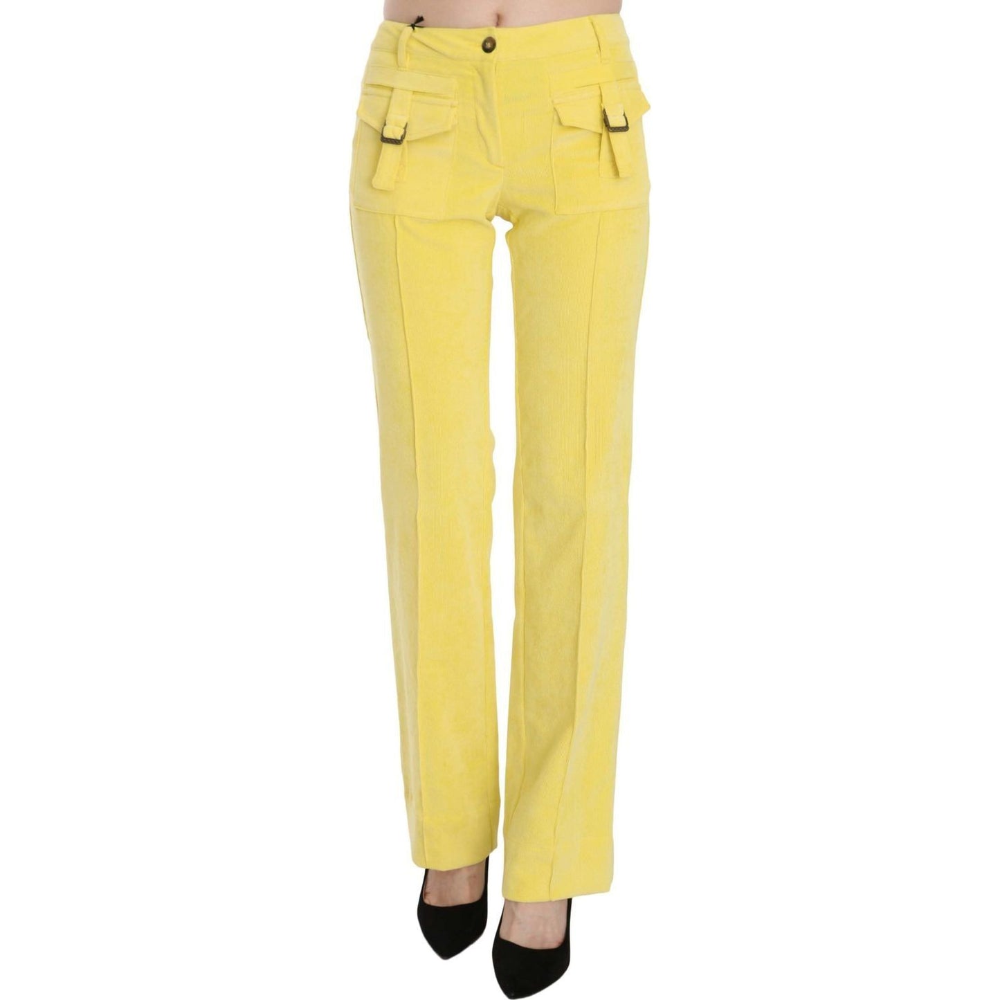 Just Cavalli | Yellow Corduroy Mid Waist Straight Trousers Pants | McRichard Designer Brands