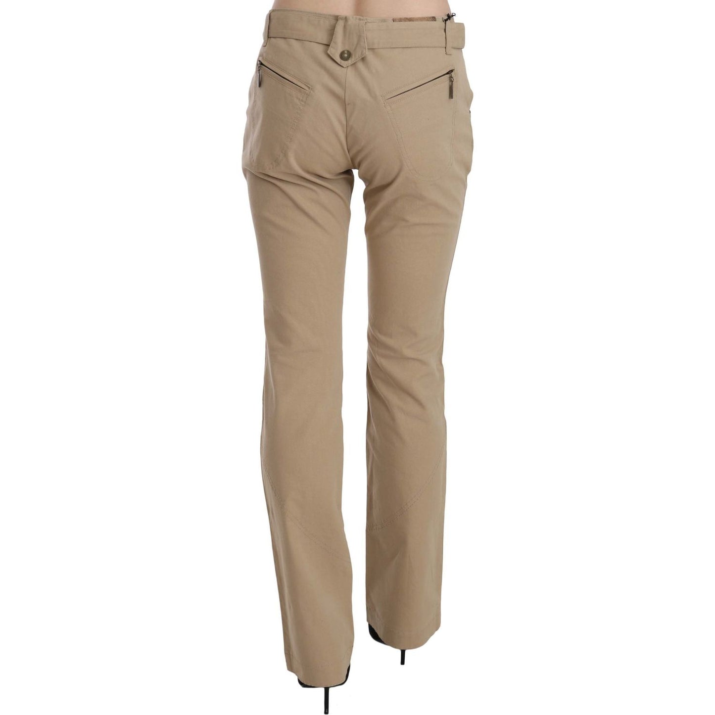Just Cavalli | Beige Cotton Mid Waist Straight Trousers Pants | McRichard Designer Brands