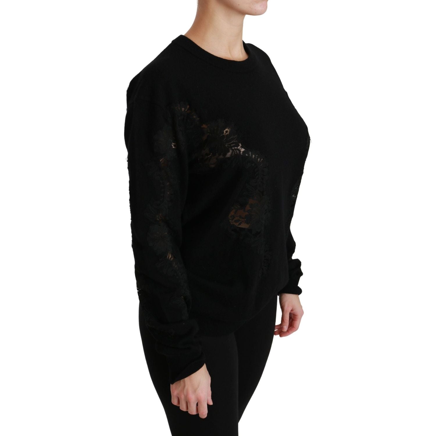 Dolce & Gabbana | Black Cashmere Floral Lace Cutout Sweater | McRichard Designer Brands