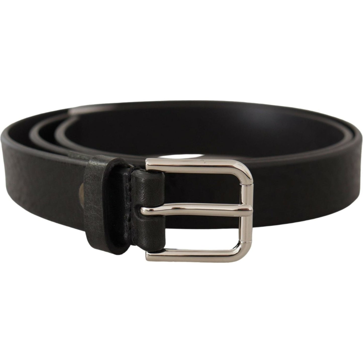 Dolce & Gabbana | Black Calf Leather Silver Tone Logo Metal Buckle Belt | McRichard Designer Brands