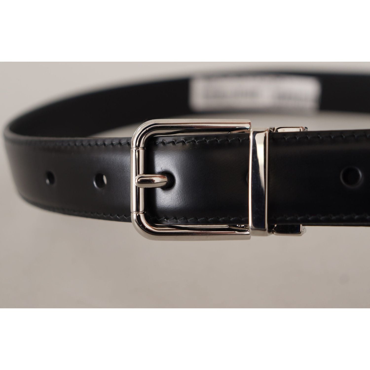 Dolce & Gabbana | Black Calf Leather Logo Engraved Metal Buckle Belt | McRichard Designer Brands