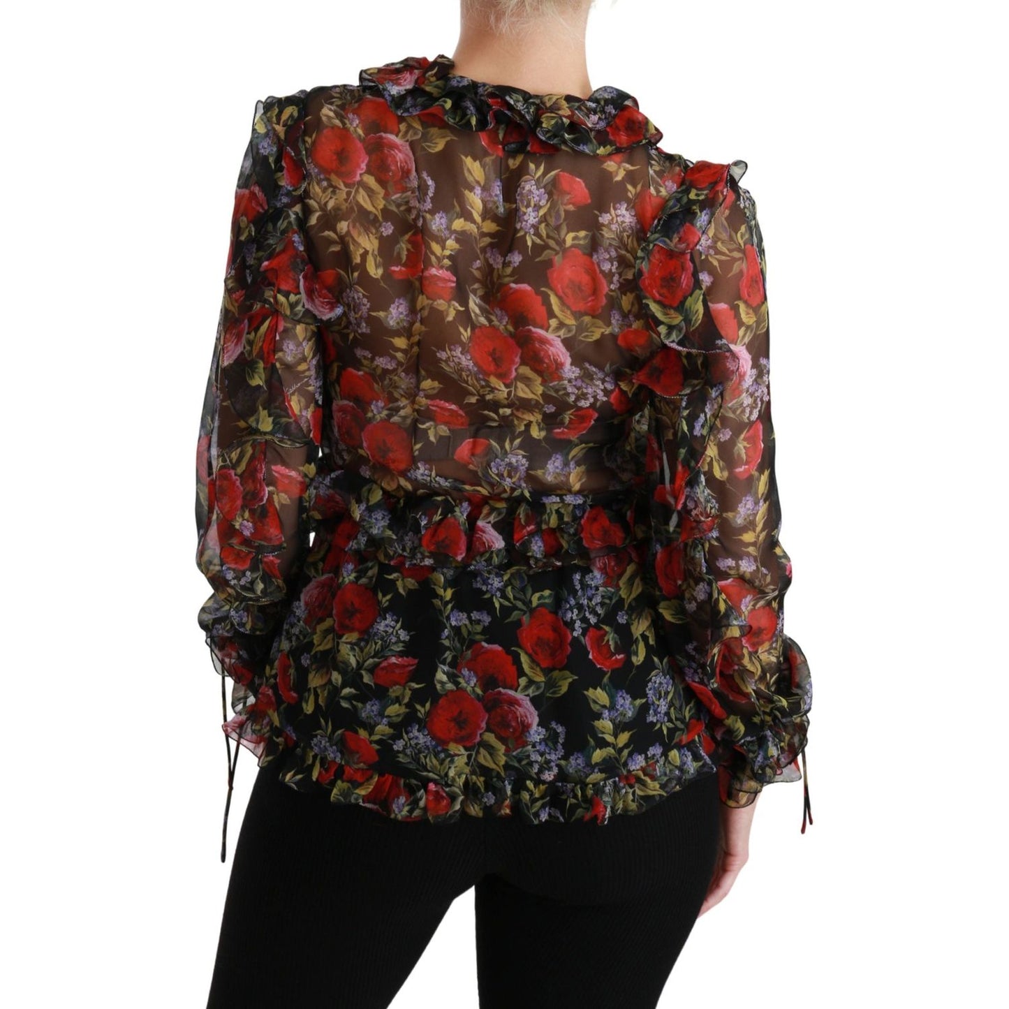 Dolce & Gabbana | Black Floral Roses Blouse Silk Top | McRichard Designer Brands