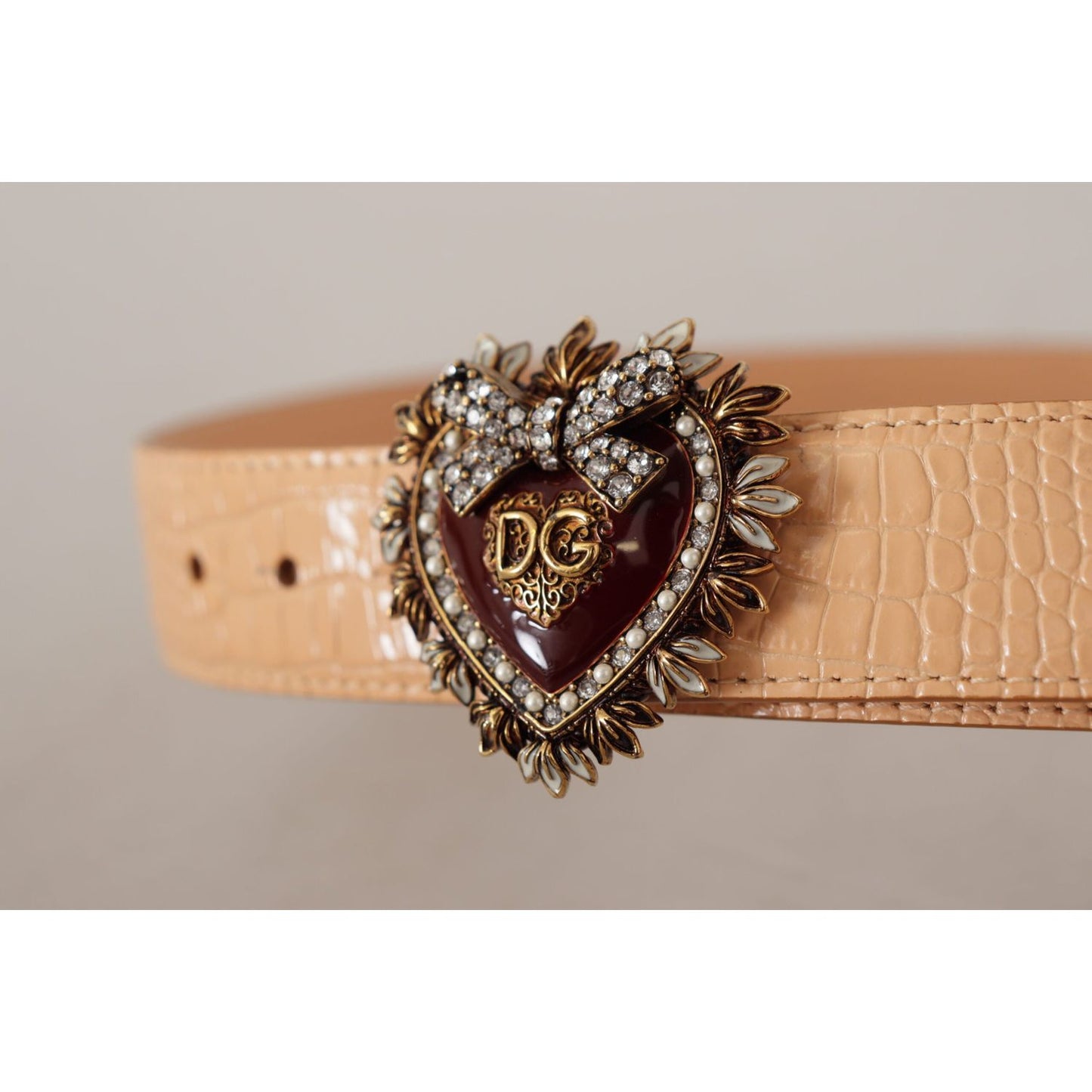 Dolce & Gabbana | Beige Croc Pattern DEVOTION Heart DG Waist Buckle Belt | McRichard Designer Brands