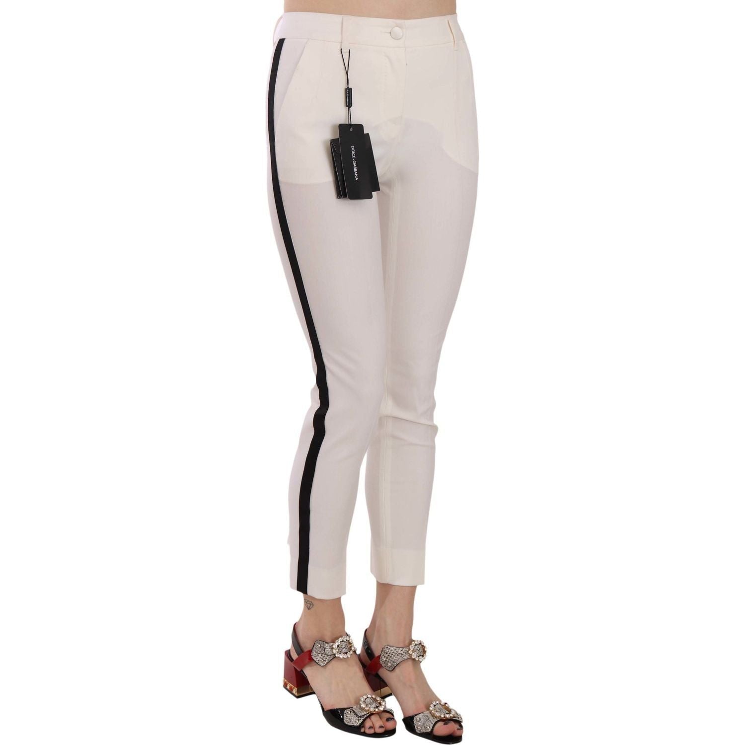Dolce & Gabbana | White Side Stripe Cropped Skinny Pants | McRichard Designer Brands