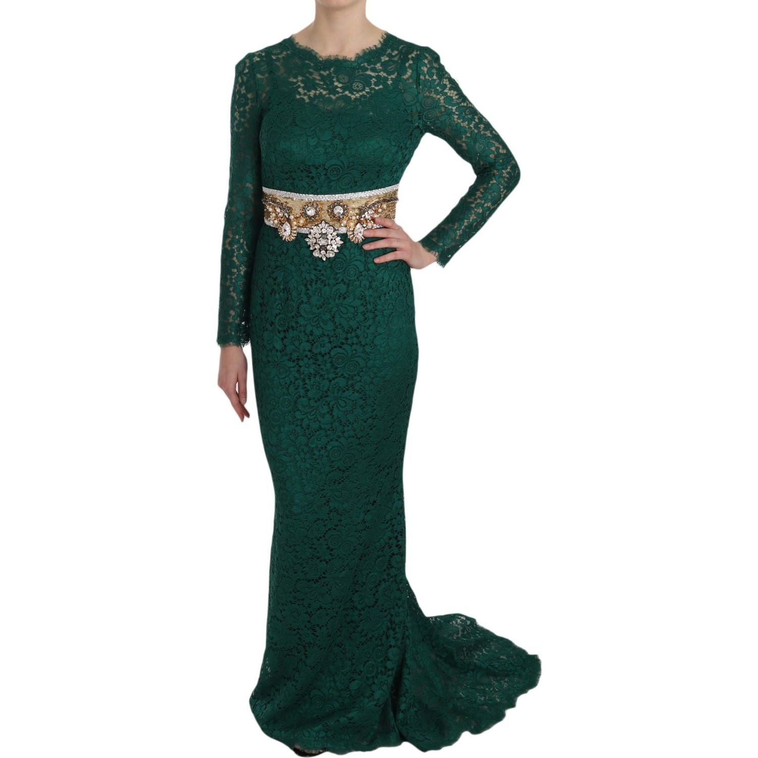 Dolce & Gabbana | Crystal Gold Belt Lace Sheath Gown Dress | McRichard Designer Brands