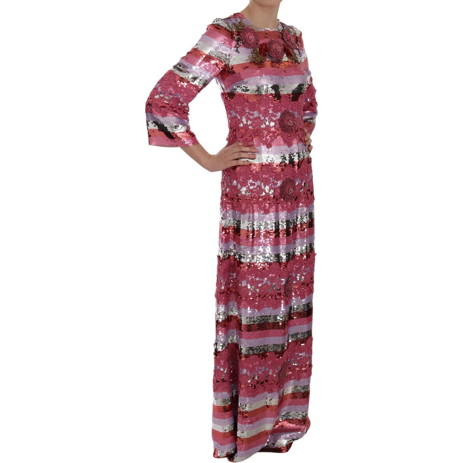 Dolce & Gabbana | Pink Floral Sequined Crystal Gown Dress | McRichard Designer Brands